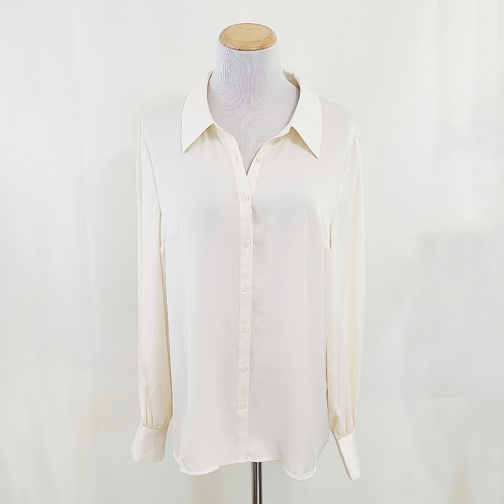 Modcloth ivory white button down shirt semi sheer size large